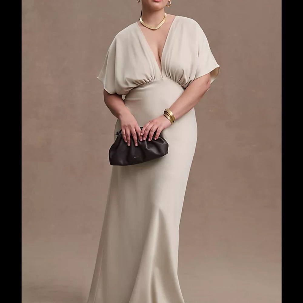 BHLDN LEILA DEEP-V FLUTTER-SLEEVE SATIN A-LINE GOWN